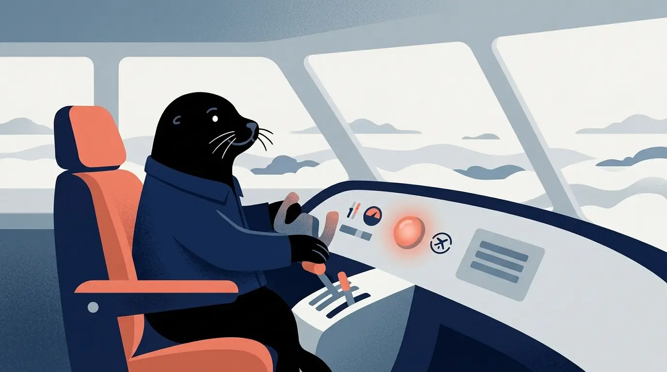 Harbor's seal mascot flying a small research aircraft with autopilot engaged