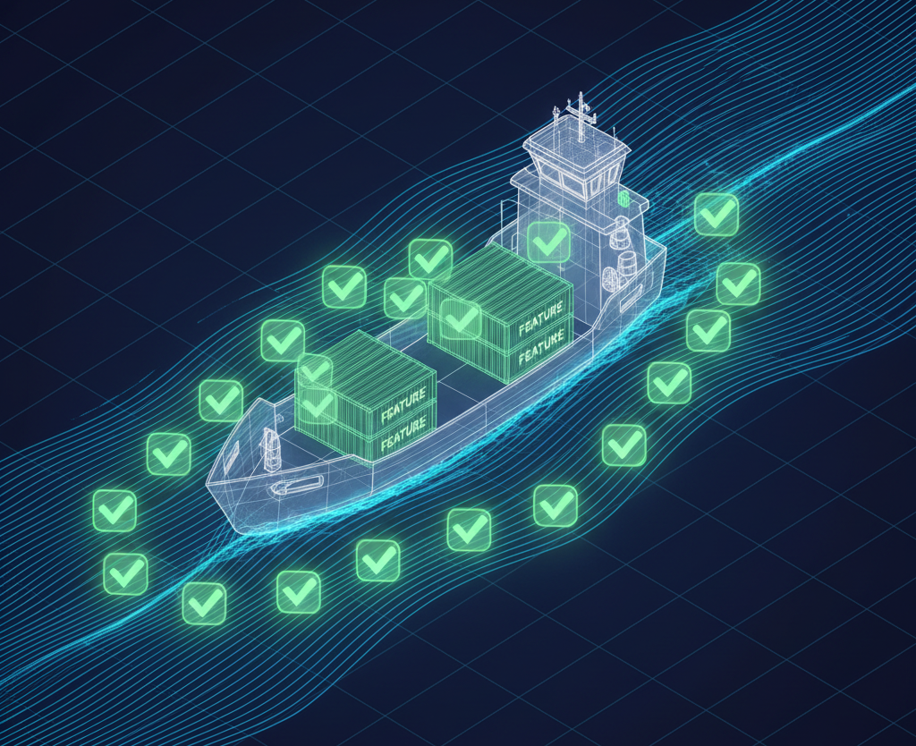 isometric 3d render of a sleek cargo ship made of translucent glass wireframes cutting through digital waves (represented as flowing sine wave lines), simultaneously leaving validated checkmark badges in its wake that float and pulse. ship's hull shows cross-section with stacked containers labeled "feature" inside, each container glowing green with a checkmark hologram. overhead view shows the ship's path as a continuous validated trail rather than discrete stops. sharp contrast between fluid motion lines (cyan/electric blue) and solid validation symbols (bright green), dark navy background, clinical precision aesthetic with subtle grid extending to horizon.