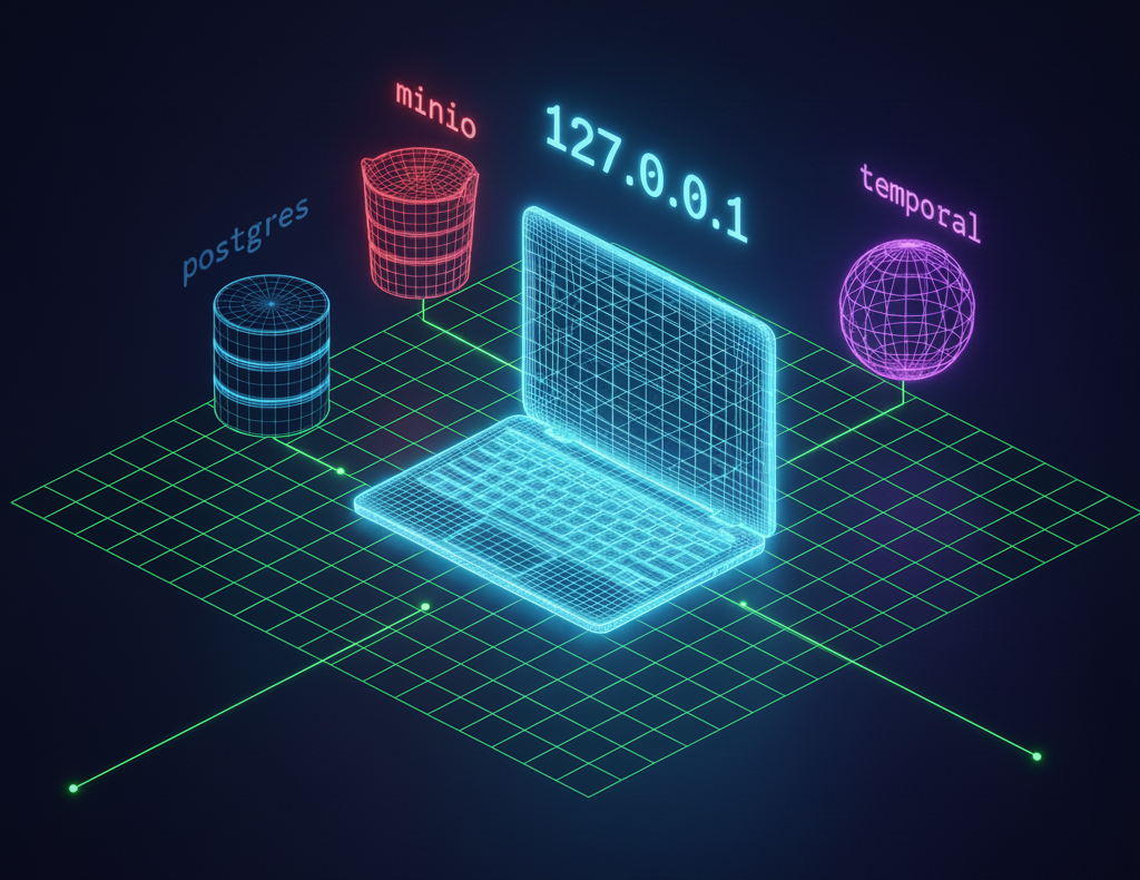 Isometric 3d render of a glowing wireframe laptop centered on blueprint-style grid. Laptop connects to three evenly spaced modules: "postgres" label on a 3d database cylinder (dark blue wireframe, darker than blue used elsewhere), "minio" label on a bucket shape (red wireframe), "temporal" label on a sphere with equator and prime meridian lines (purple wireframe). Floating "127.0.0.1" label above the laptop. Deep blue and purple palette with subtle neon accents, minimal, high-detail, crisp technical aesthetic. Isometric grid glowing against dark background extending to edges.