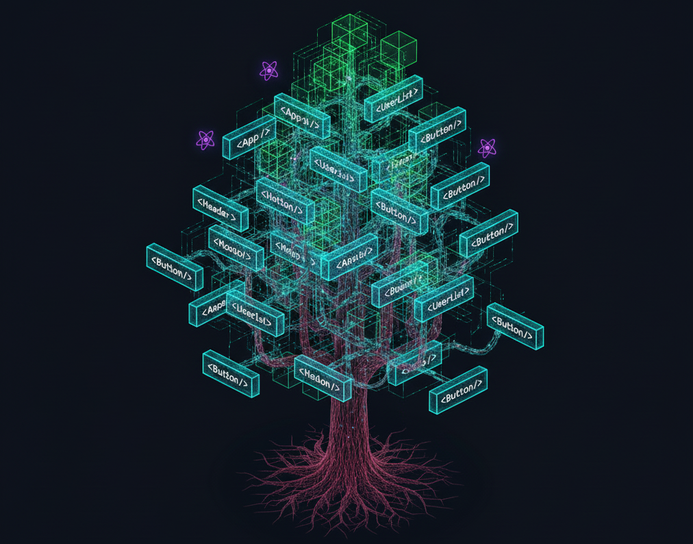 Isometric 3d render of a tree structure made of glowing wireframe nodes, roots at bottom branching upward into dense canopy of interconnected React component boxes. Central trunk shows gradient from slow-pulsing red nodes (bottom) to fast-pulsing green nodes (top). Small atomic orbital diagrams float near top nodes.Cool teal and electric green palette with purple accents for orbital paths, dark background, sharp technical aesthetic. Subtle data flowing as light particles between nodes