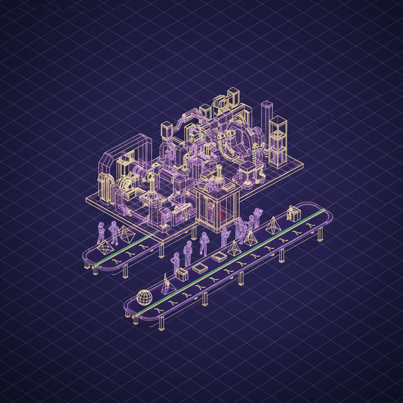 Isometric 3d render of a wireframe workshop split in two levels. Ground floor: straightforward assembly line with lambda (λ) symbols, basic geometric shapes flowing smoothly on conveyor belts. Upper floor: sophisticated effect factory with monadic transformers, beautiful complex machinery with gears and pipes, but a complicated freight elevator struggling to move pieces between floors, some parts incompatible with ground floor specs. Workers (small wireframe figures) scratching heads at the elevator junction. Purple and gold with bright green successful connections, red at friction points, industrial blueprint aesthetic